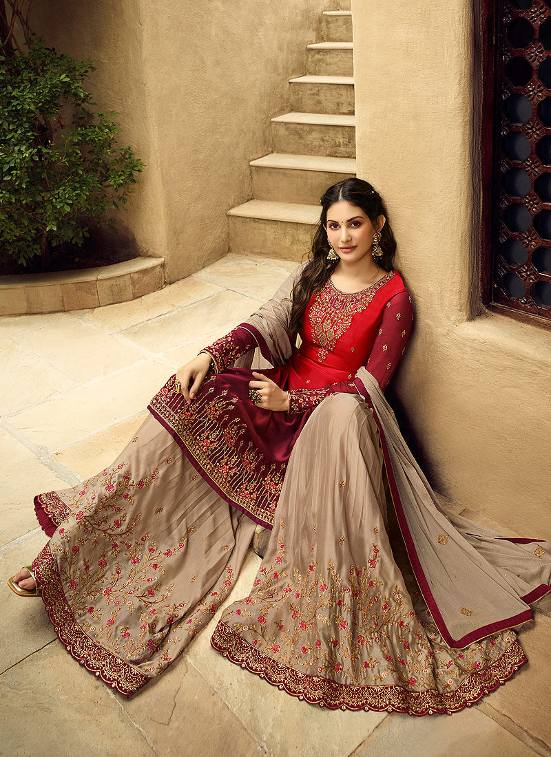 Red Orange And Beige Embroidered Designer Sharara Suit, Salwar Kameez