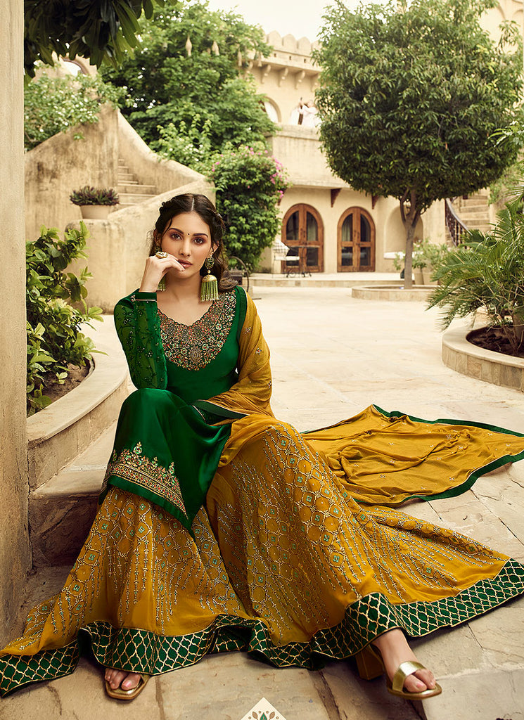 Green And Yellow Embroidered Designer Sharara Suit, Salwar Kameez