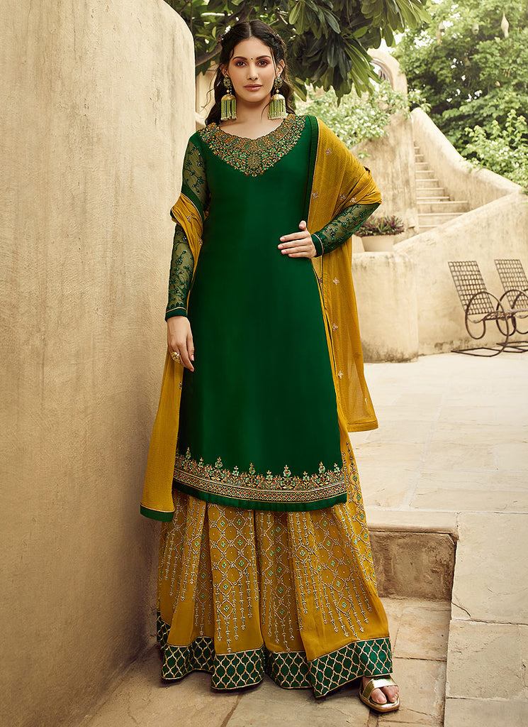 Green And Yellow Embroidered Designer Sharara Suit Green And Yellow Embroidered Designer Sharara Suit
