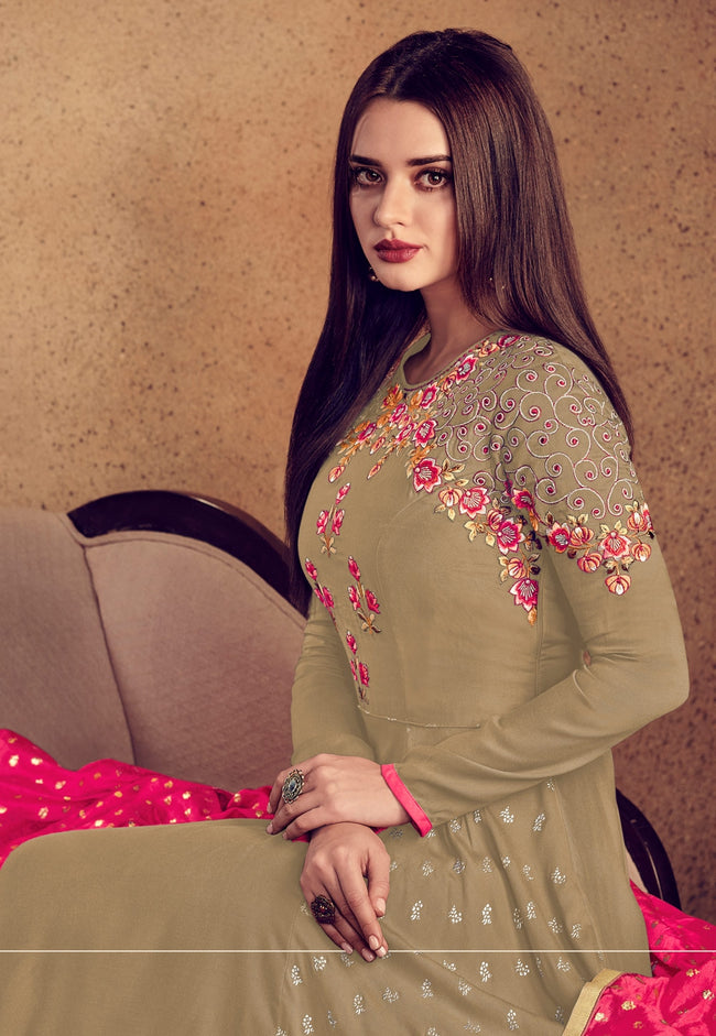 Golden And Pink Embellished Anarkali Suit