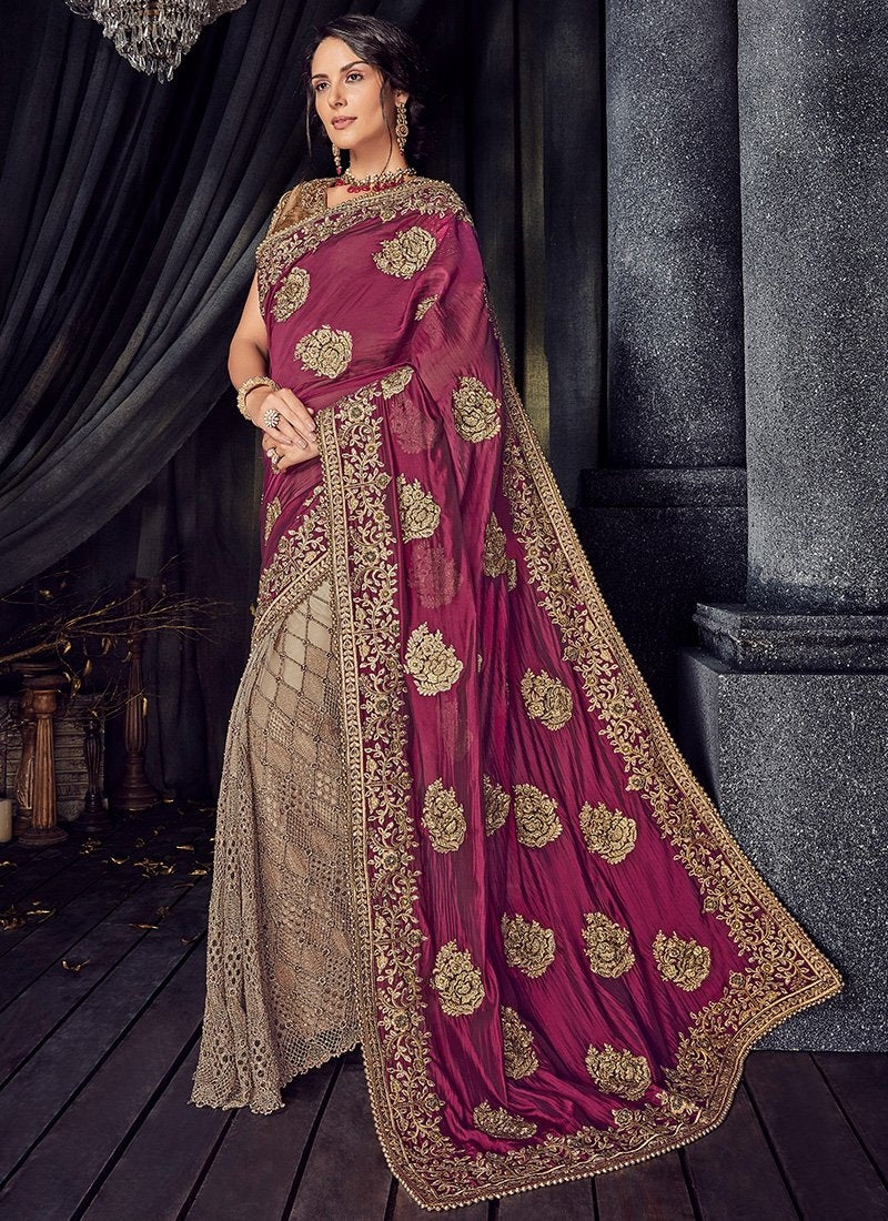 Golden And Plum Zari Embroidered Designer Saree