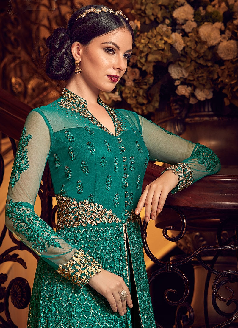 Green All Slit Style Embroidered Lehenga/Pant Suit