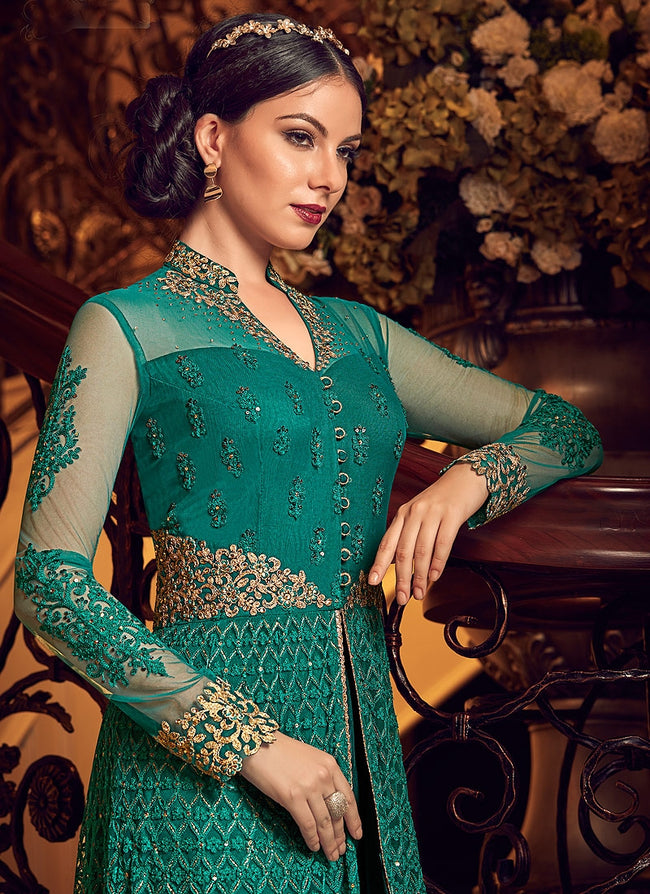Green All Slit Style Embroidered Lehenga/Pant Suit