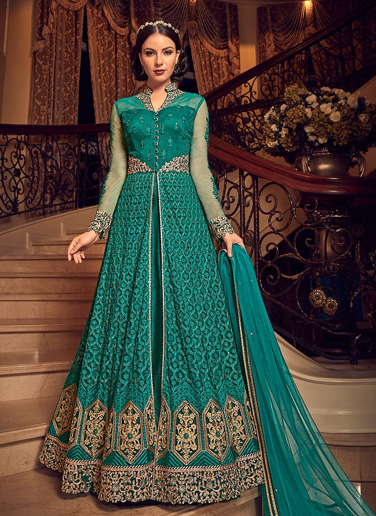 Green All Slit Style Embroidered Lehenga/Pant Suit