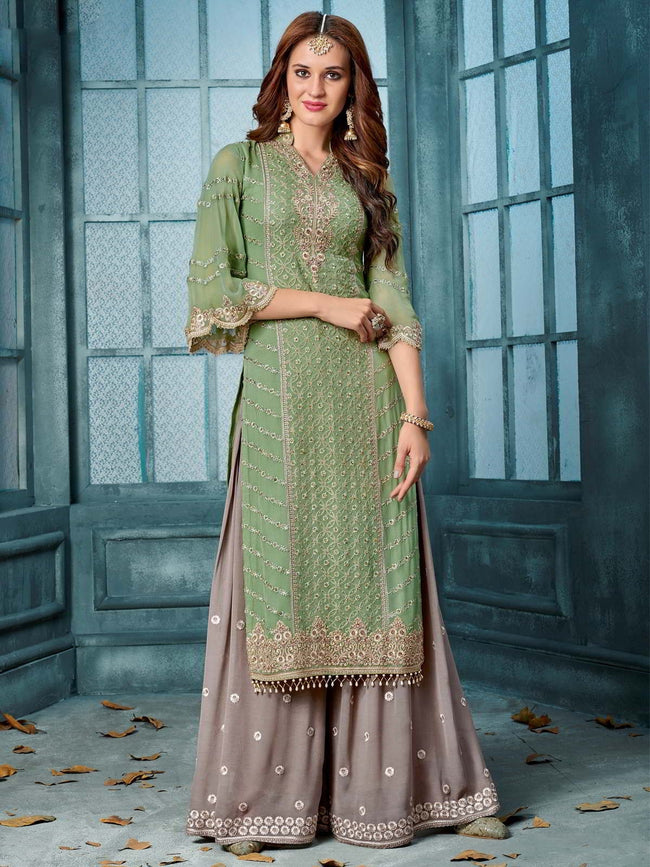 Green And Brown Embroidered Palazzo Suit