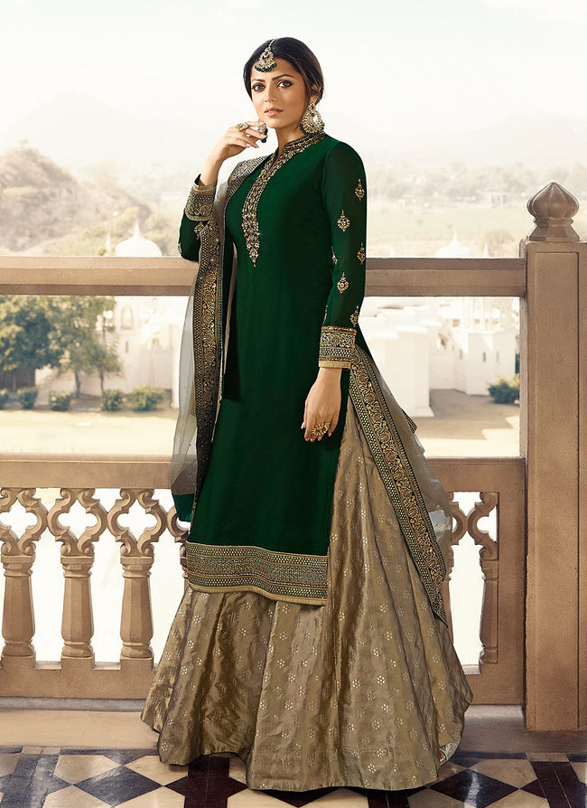 Green And Golden Embroidered Lehenga Kurti Set