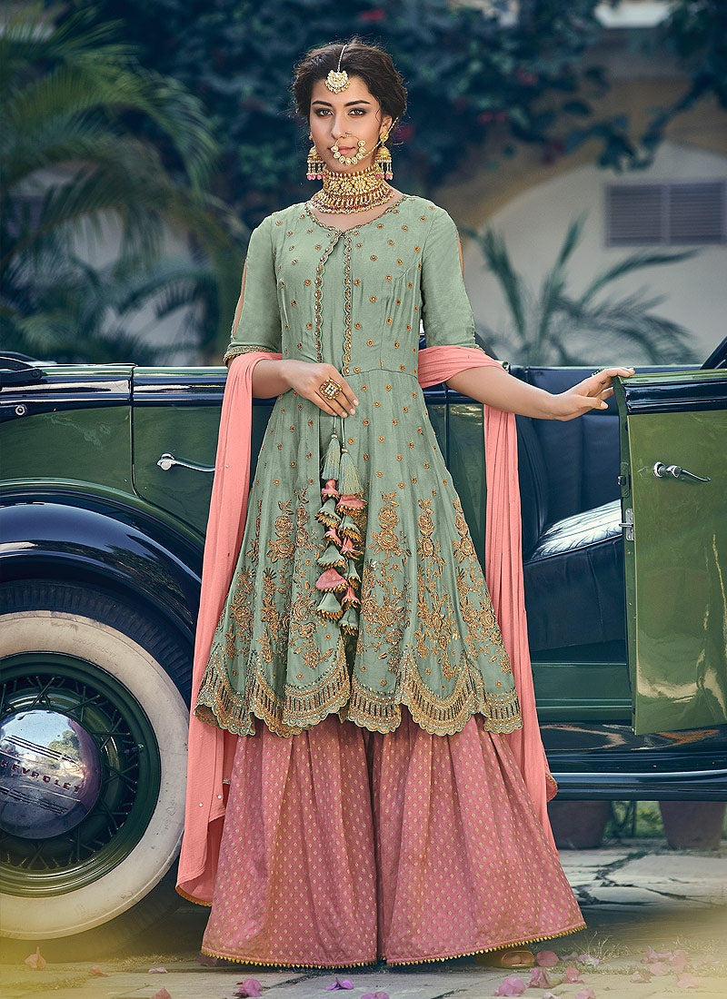 Green And Pink Embellished Gharara Suit