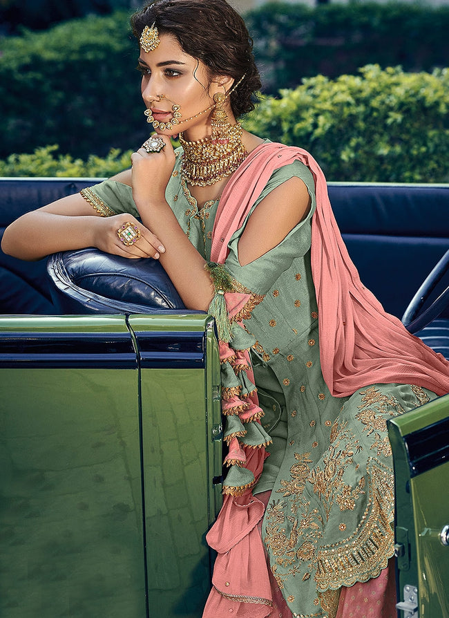 Green And Pink Embellished Gharara Suit