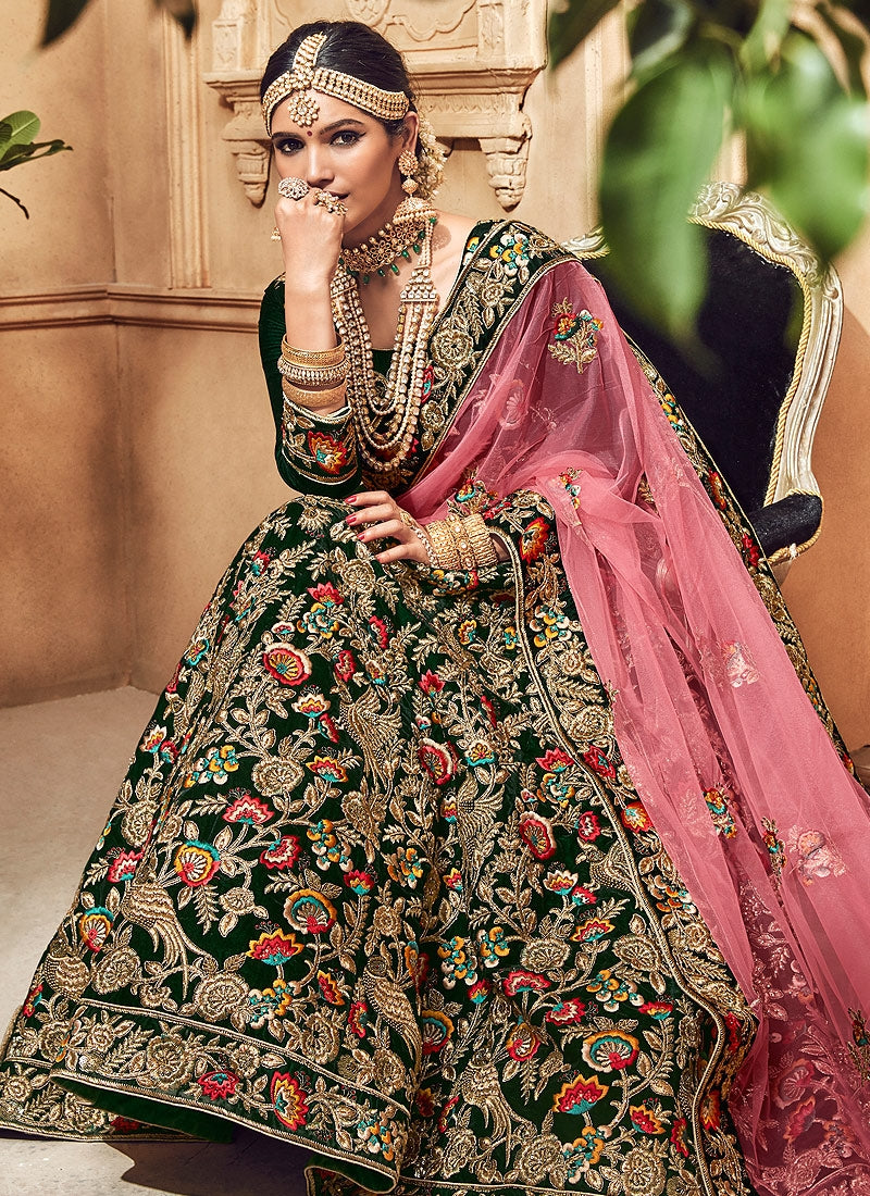 Green And Pink Velvet Hand Embroidered Lehenga Choli
