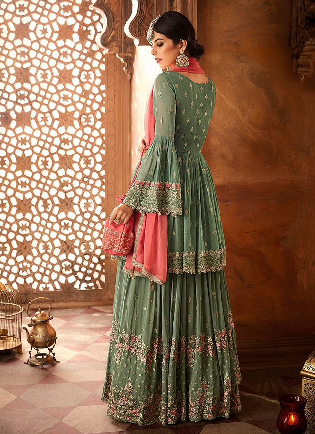 Green And Pink Embroidered Peplum Style Gharara Suit