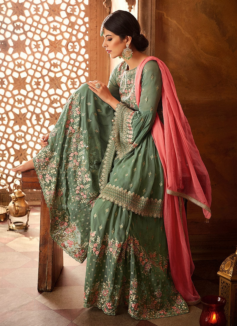 Green And Pink Embroidered Peplum Style Gharara Suit