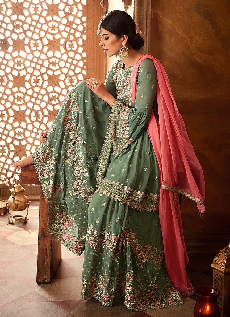 Green And Pink Embroidered Peplum Style Gharara Suit
