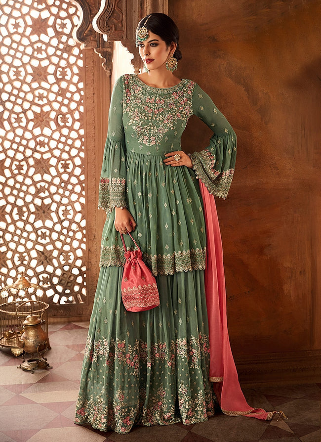 Green And Pink Embroidered Peplum Style Gharara Suit