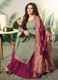 Green And Pink Embellished Satin Palazzo Suit