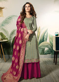 Green And Pink Embellished Satin Palazzo Suit