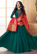 Green And Red Embroidered Satin Anarkali Suit