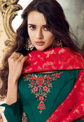 Green And Red Embroidered Satin Anarkali Suit