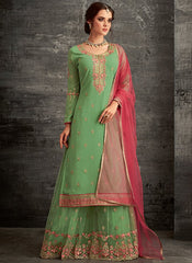 Green And Red Ethnic Embroidered Palazzo Suit