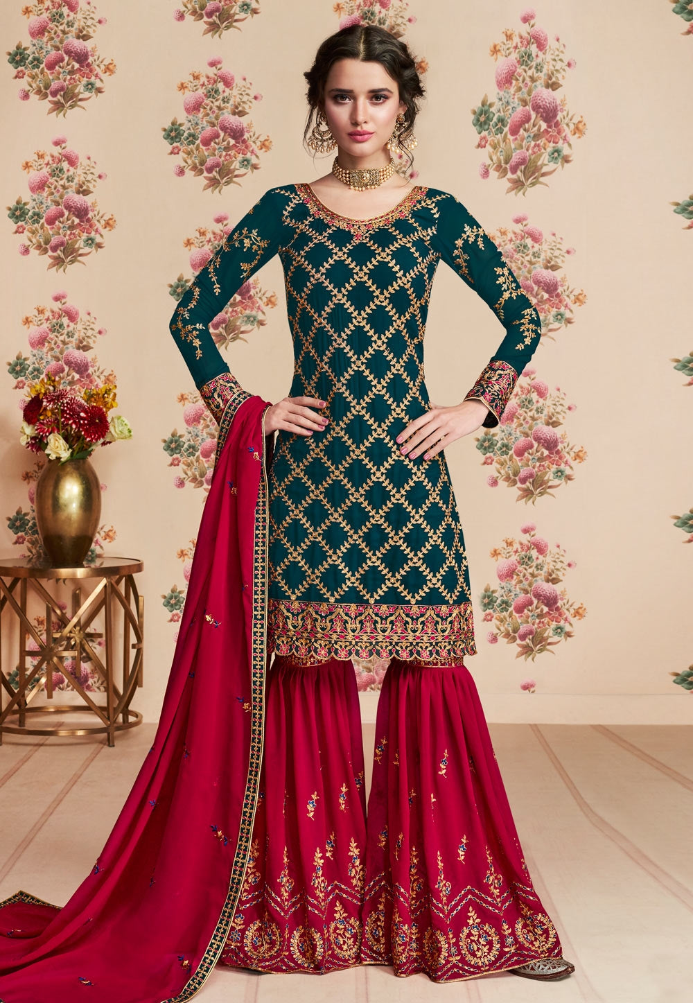 Green And Red Embroidered Gharara Palazzo Suit
