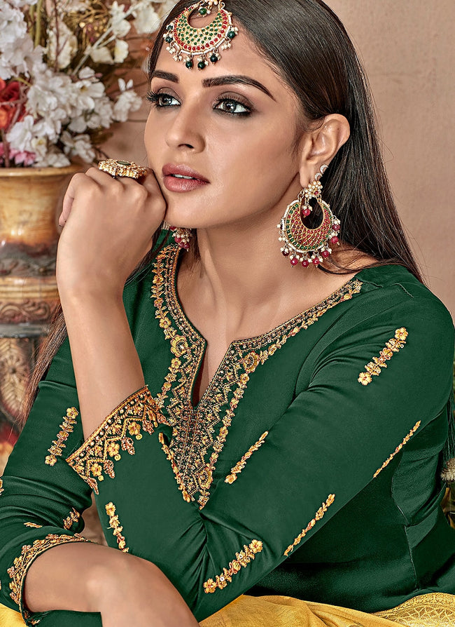 Green And Yellow Combination Embroidered Palazzo Suit