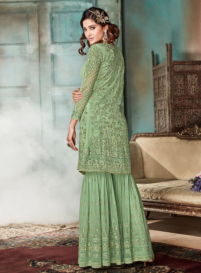 Green Glamour Angrakha Style Embroidered Gharara Suit