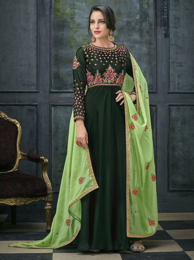 Green Dual Tone Ethnic Embroidered Anarkali Suit
