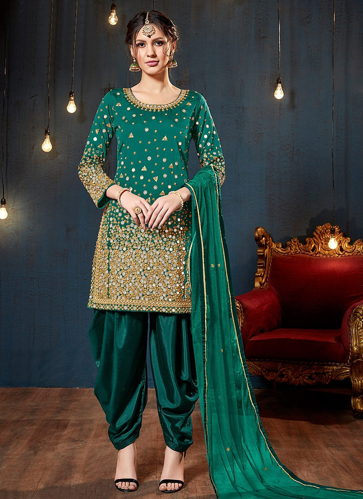 Green Embroidered Traditional Patiala Suit
