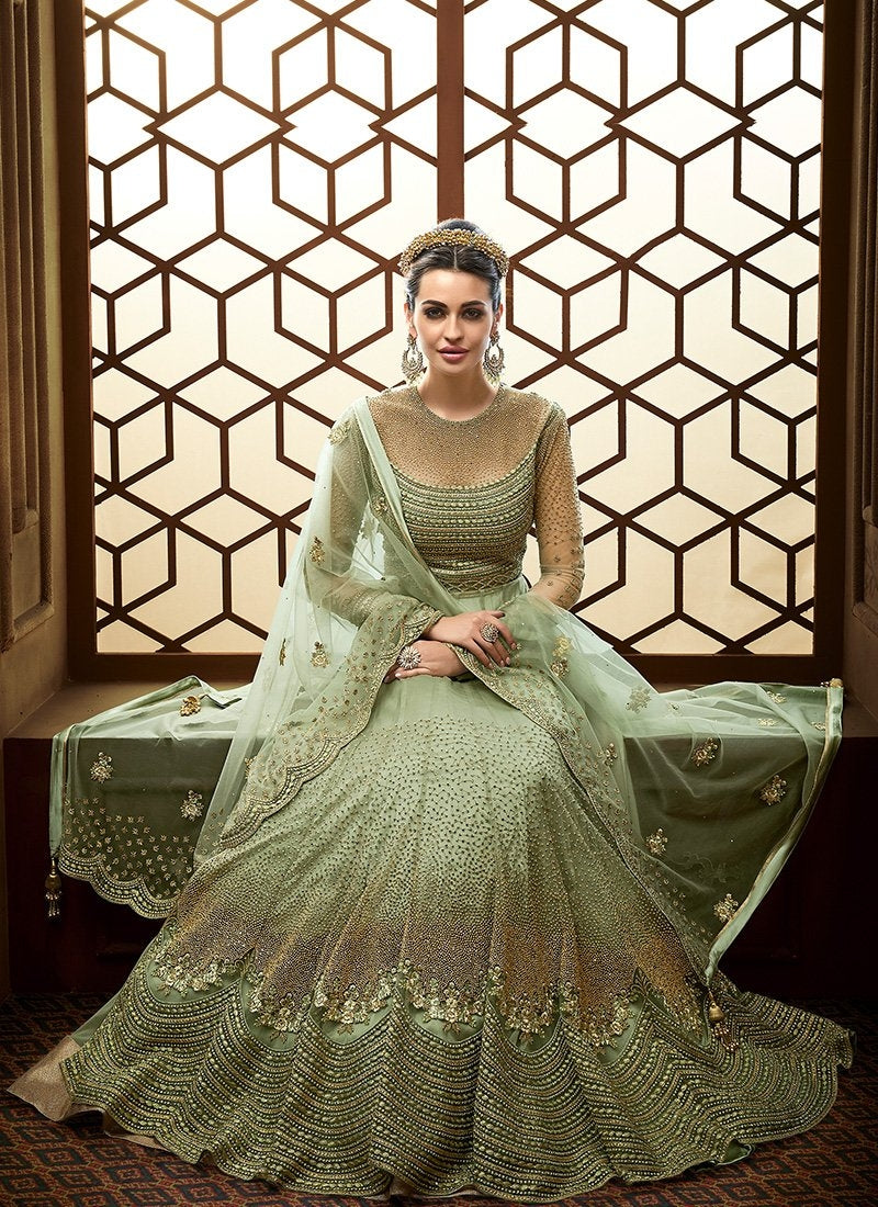 Green Golden Embroidered Net Anarkali Suit