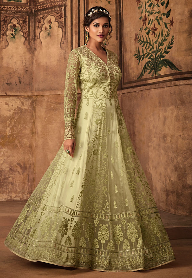 Green Golden Ethnic Embroidered Net Anarkali Suit