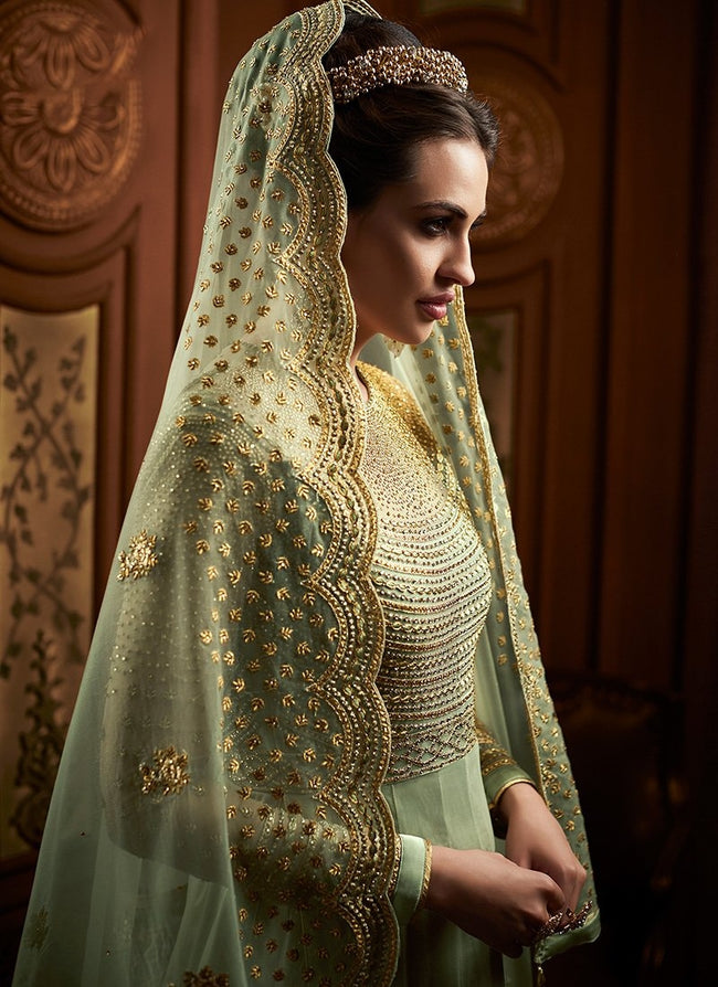 Green Golden Embroidered Net Anarkali Suit