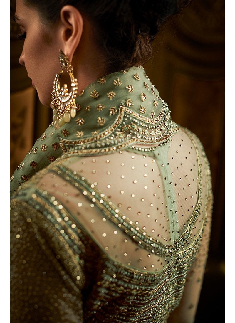 Green Golden Embroidered Net Anarkali Suit