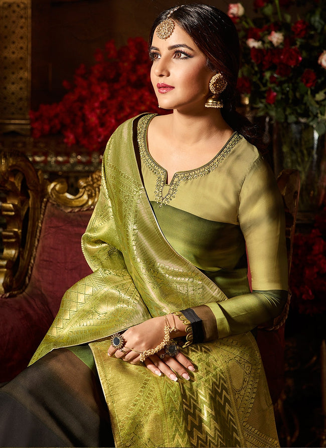 Green In All Shade Embellished Satin Palazzo Suit
