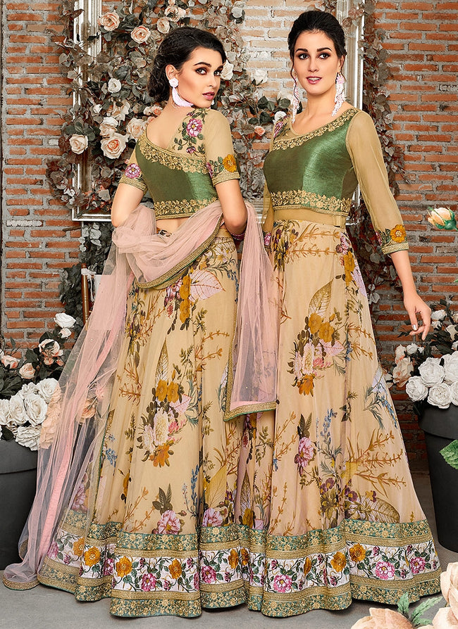 Green Multicoloured Floral Embroidered Lehenga Choli Suit