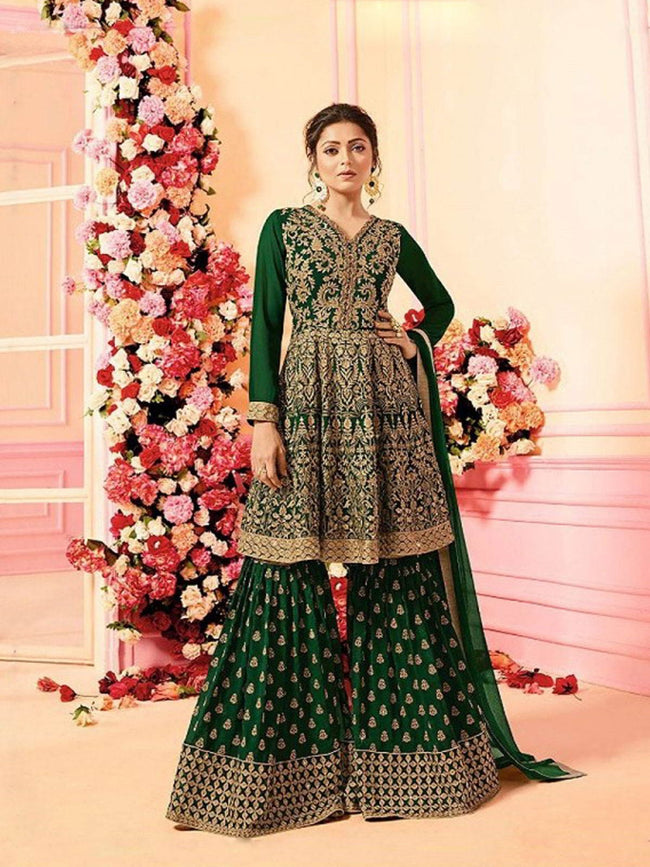 Green With Traditional Embroidered Detail Designer Kalidar And Palazzo Suit