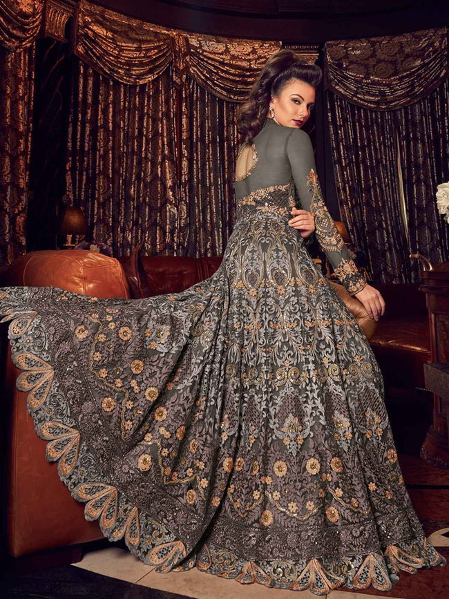 Grey All With Golden Embroidered Lehenga/Pant Suit