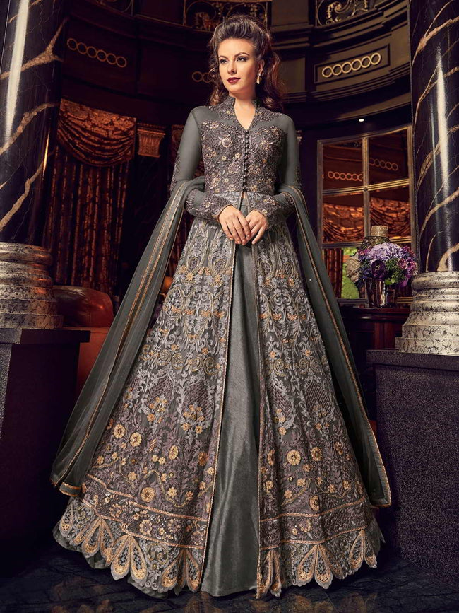 Grey All With Golden Embroidered Lehenga/Pant Suit