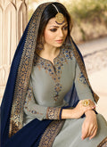 Grey And Blue Embroidered Lehenga Kurti Set