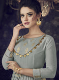 Grey And Golden Embroidered Flared Anarkali Suit