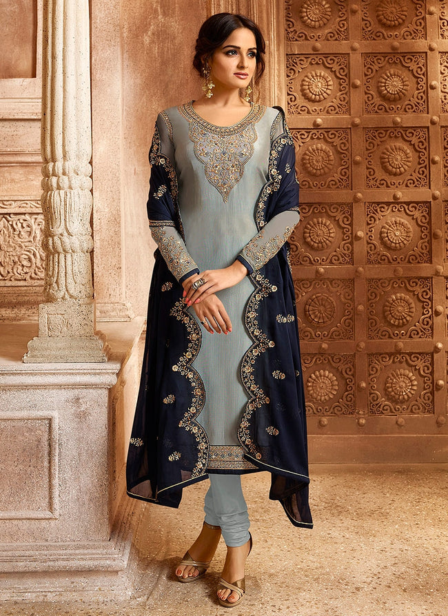 Grey And Navy Blue Dual Bottom Lehenga/Pant Kurti Set