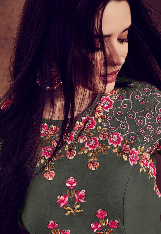 Grey And Pink Embellished Anarkali Suit