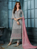 Grey And Pink Designer Embroidered Pant Suit