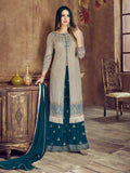 Grey And Turquoise Embroidered Flared Palazzo Suit