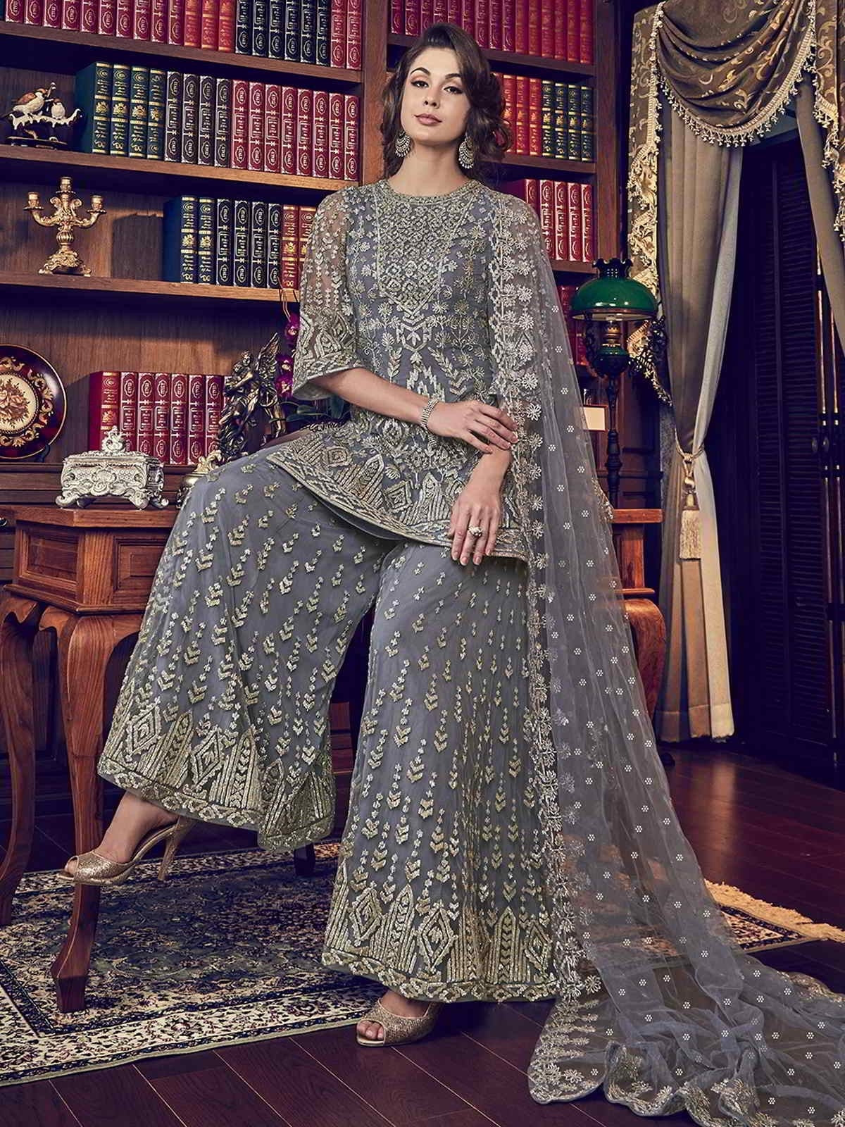 Grey Designer Embroidered Pakistani Gharara Suit