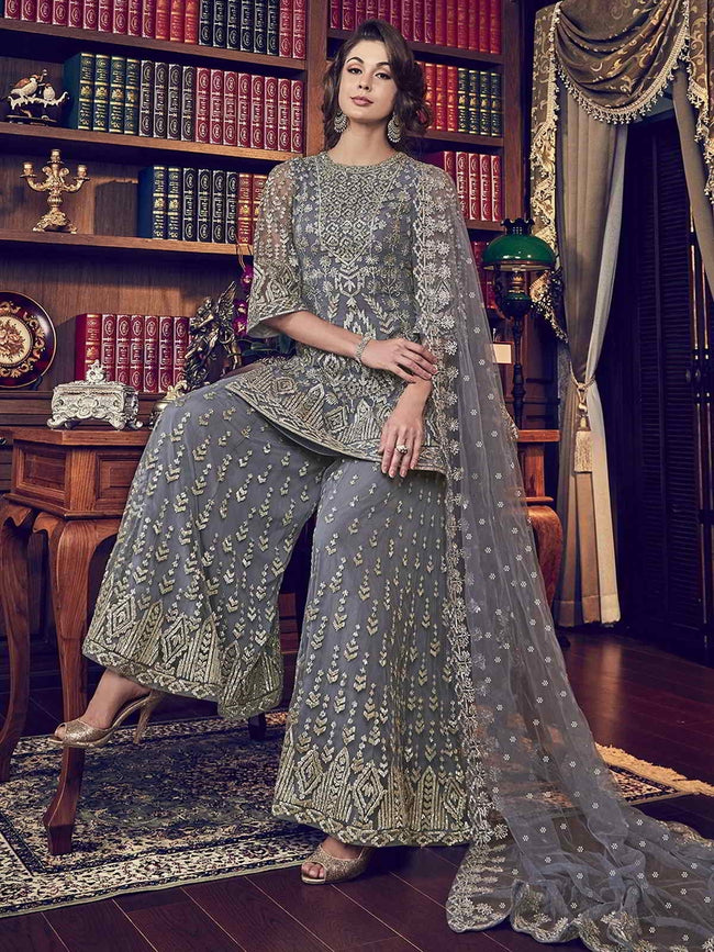 Grey Designer Embroidered Pakistani Gharara Suit