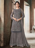 Grey Glam Multi Embroidered Flared Gharara Suit