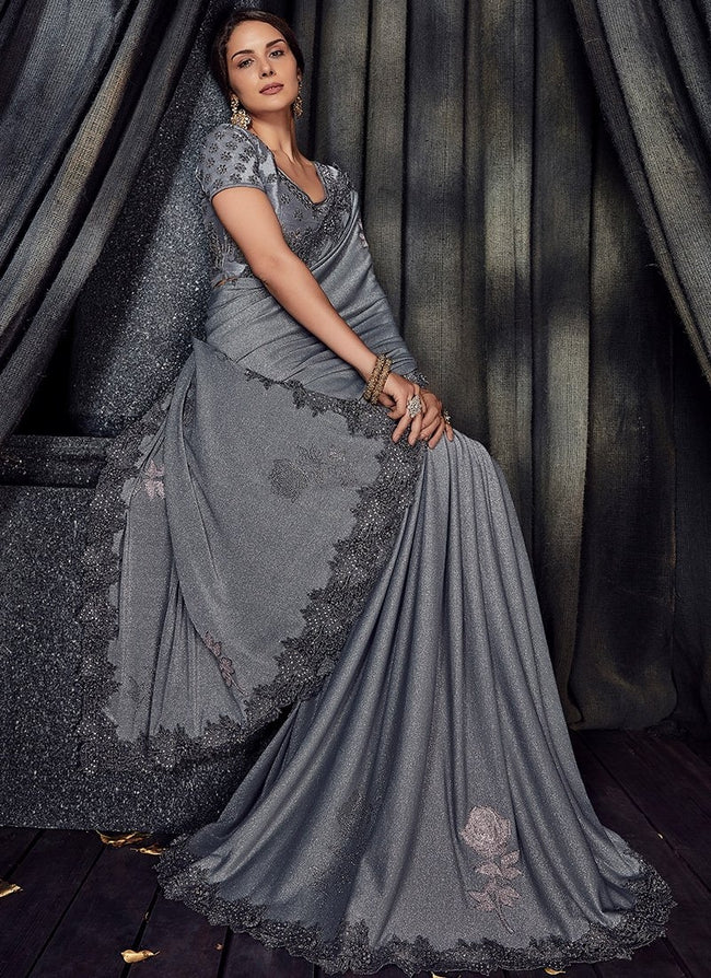 Grey Glam Overall Pearl Embroidered Designer Saree