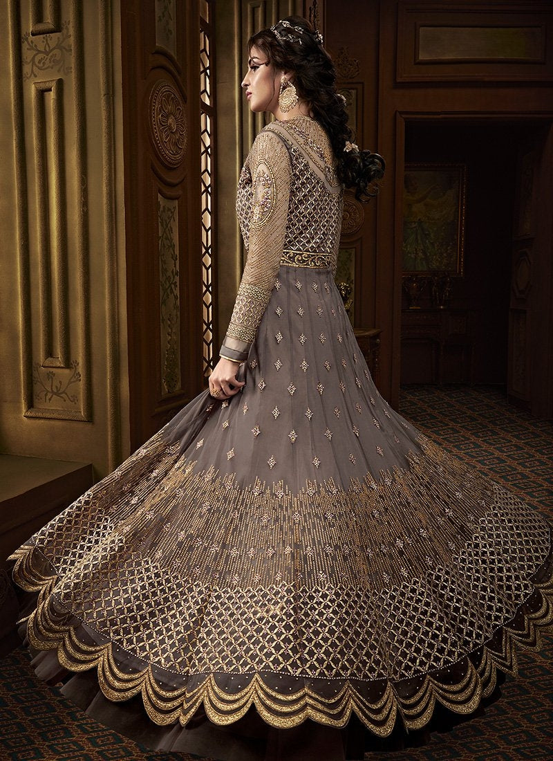 Grey Golden Embroidered Net Anarkali Pant Suit