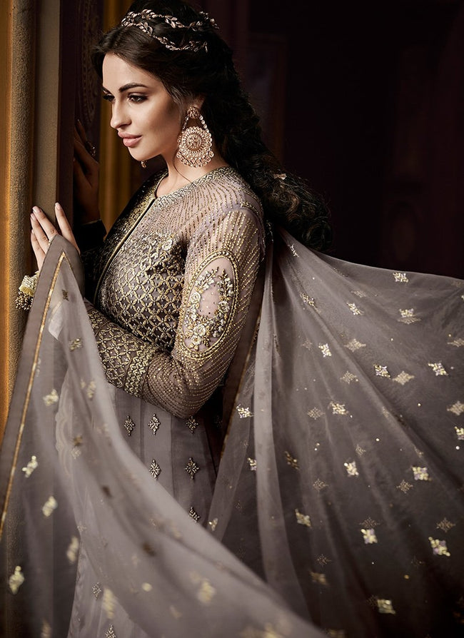 Grey Golden Embroidered Net Anarkali Pant Suit
