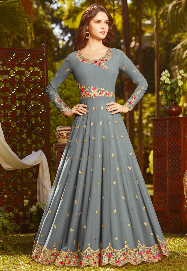 Grey With Multi Embroidered Georgette Anarkali Suit
