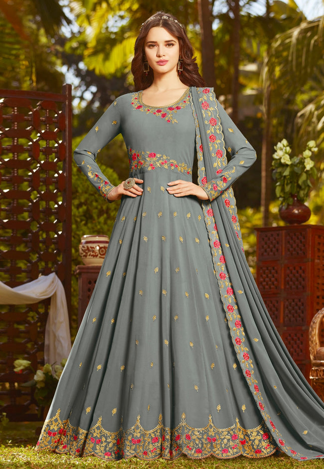 Grey With Multi Embroidered Georgette Anarkali Suit